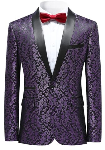 Allthemen Blazer Casual di Lusso da Uomo Slim Fit Paisley Floral Jacquard Suit Giacche Cappotti Eleganti Giacche Chic Viola XL