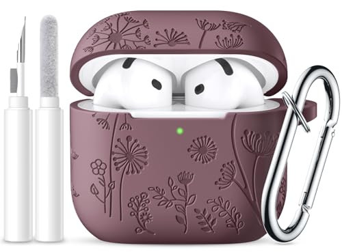 Ouwegaga Blumen-Gravierte Hülle für AirPods 4 Hülle 2024, Stoßdämpfender Silikon AirPods 4 Case Kompatibel mit Apple AirPods 4. Generation, LED Sichtbar, mit Karabiner&Reinigungskit, Rauchiges Violett