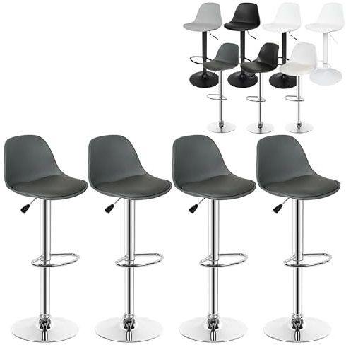 XUANYU Lot de 4 Tabourets de Bar avec Dossier, Assise Confortable, Repose-Pieds, Réglables en Hauteur 60 cm à 81 cm (23,6 à 31,9) (Gris-Argent)