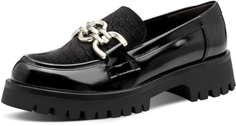 Tamaris Damen Slipper schwarz 40 | Mit seinem eleganten Design, der großen goldenen Kette, dem hochglänzenden, texturierten.