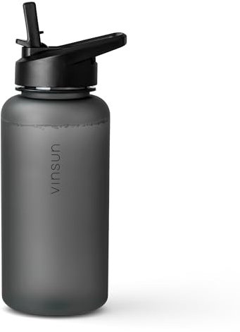 VINSUN Sportflasche 1L Tritan mit Strohhalm Deckel - auslaufsicher, BPA frei - schwarze Trinkflasche für Kinder und Erwachsene - Wasserflasche für Sport, Wandern, Arbeit