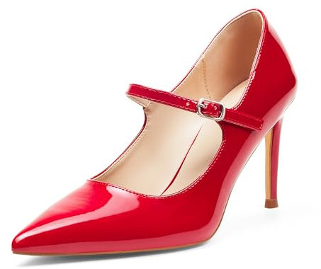 GENSHUO Mary Jane Pumps Damen 8 cm Stilettoabsatz Spitze Zehen Lackleder Elegant Bequem für Büro Party Vintage Design, Rot, 38 EU
