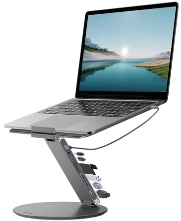 KU XIU X53 Laptop Stand Desk with 8-in-1 Docking Station, 360°Rotation,Grey | Aluminum Adjustable Height Portable Riser Ergonomic Notebook Holder, 4K60Hz HDMI PD100W for MacBook /all 10-17'' Laptops