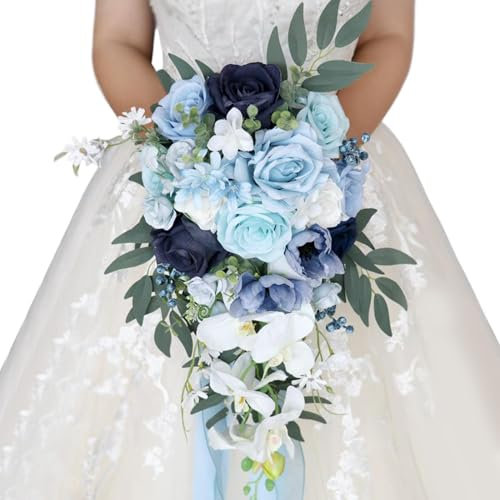 MOUNTTU Hochzeitssträuße für Braut/Brautjungfer Wassertropfen geformte Brautstrauß 10x20 lebensechter hellblauer Kunststoffkünstlungsblumen für Hochzeit