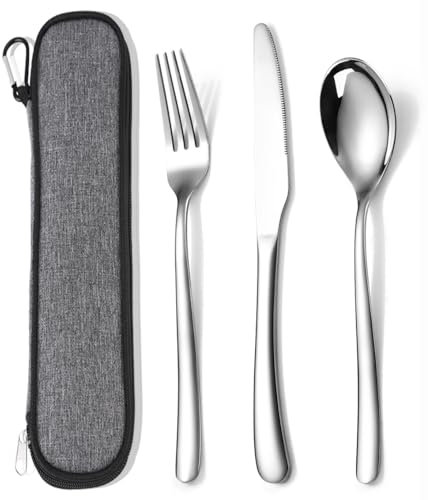 MURRI&MURRDI Besteck Set für 1 Personen, 3 teilig Mehrweg Flatware Set, Besteck Edelstahl Spiegelpoliert, Camping Messer Gabel Löffel mit Tasche, Spülmaschinenfest (3 Silbrig)