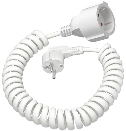 Schutzkontakt Spiralverlängerung, 3M dehnbar (0.9-3m), 230V/16A Schutzkontakt Verlängerung, PVC-Spiralleitung für Küche, Büro, Werkstatt, Weiß
