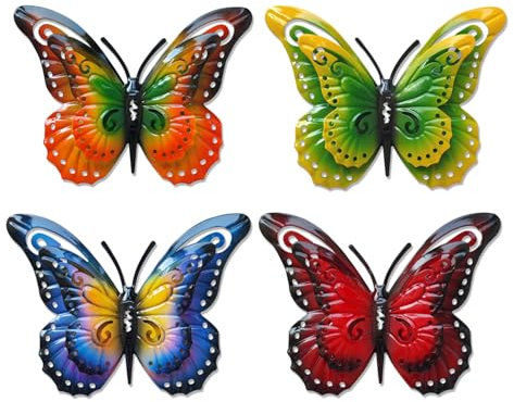 Tsilin 4 Pcs Metal Butterflies Garden Decor,Double Layered Butterfly Statues Wall Art Decor Hanging Ornament for Outdoor Backyard Porch Patio Fence Home Decortions