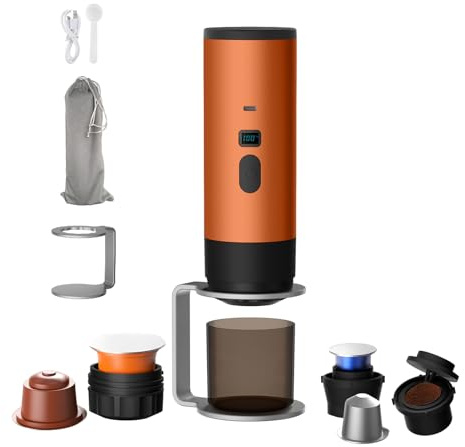 Generico Macchina Caffe Portatile 3-in-1, Macchina per Caffè Espresso con Display LED e Type-C per Viaggi, Ufficio e Auto, Auto-Riscaldamento in 3-5 Minuti (Arancione (Con supporto e velluto))