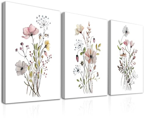 Dazzlewall 3 Pcs Enmarcado Arte de Pared de Flores Silvestres Minimalistas Impresiones de Flores, Póster de Arte de Pared de Lienzo Floral Botánicopara Decoración Sala Estar de Dormitorio 12x16 in