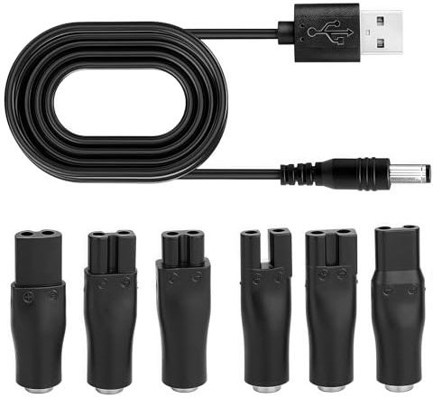 7Pcs Universal Shaver Charger Kit – USB Power Cable with 6 Adapter Heads, 5V Replacement Cord for Electric Shavers, Beard Trimmers, Hair Clippers, Beauty Devices, Travel or Home Use