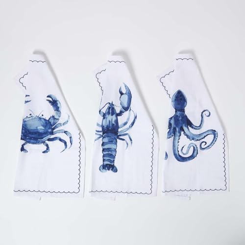 HOMESCAPES Premium Tea Towels for Kitchen, Blue Sea Life, Set of 3 Cotton Tea Towels, 45 x 65cm, Super Soft & Absorbent, Washable, Durable for Everyday Use