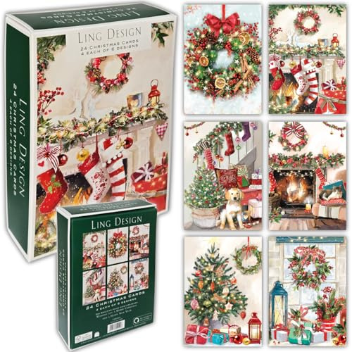 Ling design Premium Box of 24 Assorted Christmas and Happy New year Cards - 4 Each of 6 Designs - Great British Card Company (Cosy Christmas)