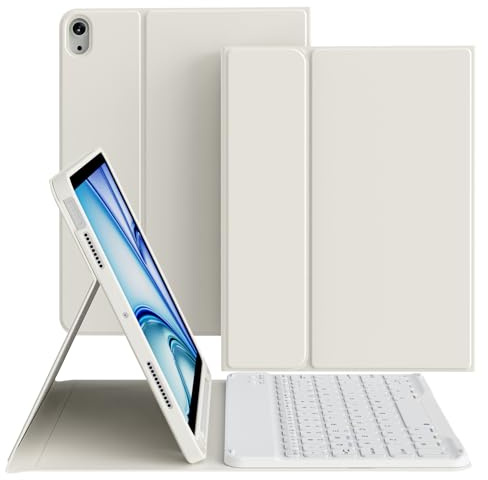 zoyu Hülle mit Tastatur für iPad Air 11 Zoll 2026/2025/2024, für iPad Air 10,9 2022/2020 5./4. Generation, Magnetische Abnehmbare Bluetooth-Tastatur, TPU- und PU-Stoßfeste Hülle, QWERTZ, CreamWeiß