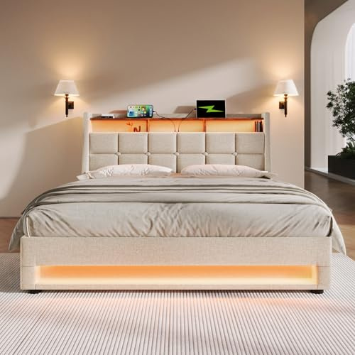 Upholstered Ottoman Bed with Hydraulic Lift & LED Storage Headboard, 4ft6 Double Bed Frame with LED Lighting & USB Type-C Charging Function, Linen Functional Upholstered Storage Bed, No Mattress,Beige