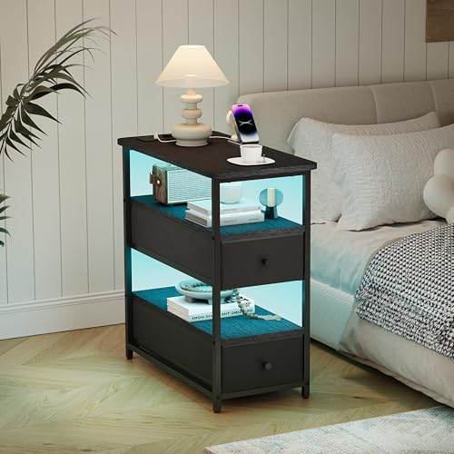 Nachttisch mit LED-Beleuchtung und Ladestation, Schmaler Beistelltisch mit 2 Schublade und Stauraum, Nachtschrank für kleine Räume, Modernes Design für Wohnzimmer (Schwarz, 4 Ebenen 2 Schubladen)