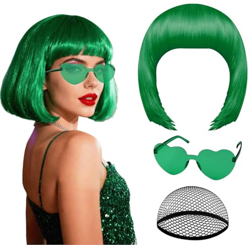 OuryTech Perücke Fasching, Grün Bob Perücke mit Bangs, Kurze Wigs für Damen, Hitzeresistente Lustige Cosplay Wig mit Sonnenbrille & Perückenmütze für Karneval