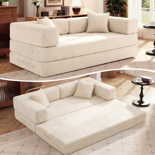 Vipbear Schlafsofa 200cm Breit,5-in-1 Faltbares Boneless Couch Beige | Bodensofa Bed Cordstoff 3er mit Schlaffunktion,Klappsofa Gästebett mit Armlehnen & Rückenkissen,Metallrahmen,ohne Montage
