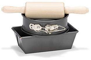 Patisse Kinder-Backset „Profi“ 3-teilig – mit Springform, Kastenform & Teigroller – kratzfest & antihaftbeschichtet – ofenfest bis 215°C – ideal für kleine Hobbybäcker – anthrazit – Backformen-Set