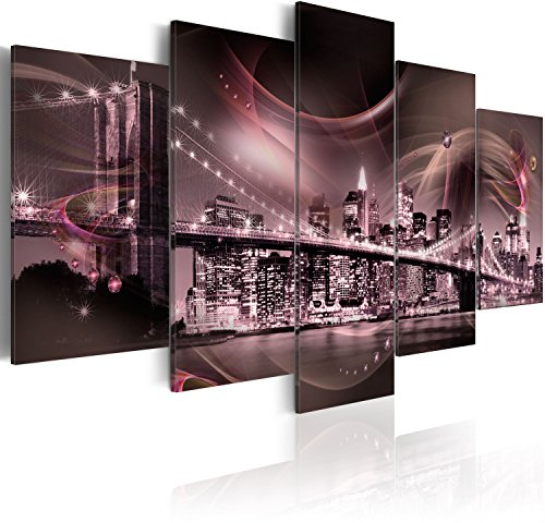murando - Wandbilder XXL New York 200x100cm 5 tlg - Wand Deko Leinwand Bilder Groß Wanddeko Wohnzimmer Schlafzimmer Kunstdrucke - City Brooklyn Bridge Stadt Architektur Abstrakt rosa