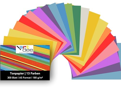 artdee® Tonpapier bunt in 13 verschiedenen Frühlingsfarben 180 g/m² – Bastelpapier Set (300 Blatt gemischt in DIN A5) – Buntes Papier zum Basteln – Bastelpapier bunt
