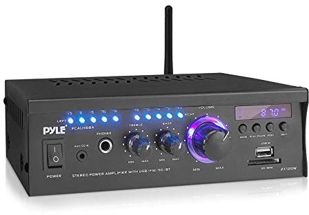 Pyle Home Power Amplifier with Bluetooth Wireless - 2 x 120 Watt Stereo Receiver w/ Blue LED Level Meter, AM/FM Radio, USB-A Input w/ MP3 Player, SD Card In, Aux, RCA, Headphone Jack - PCAU46BA
