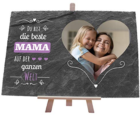 wandmotiv24 Schiefertafel Beste Mama, Personalisiert mit Ihrem Farbfoto Herzform, Aufstellschild, Holz-Staffelei, Querformat 30x20cm, Natur Schieferplatte, Foto-Geschenk Muttertag, Geburtstag, Deko