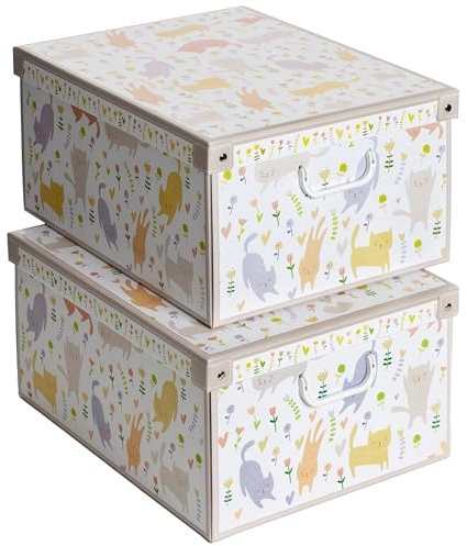 Lavatelli SET 2 Cajas organizadoras de almacenamiento ropa, almacenaje decorativas en carton, 39x50x24cm, para armario, baul, bolsas, ropa, juguetes, jardineria, con tapa, GATITOS