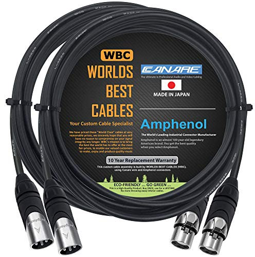 WORLDS BEST CABLES 2 Units - 5 Meter - Canare L-4E6S, Star Quad Balanced Male to Female Microphone Cables with Amphenol AX3M & AX3F Silver XLR Connectors - Custom Made