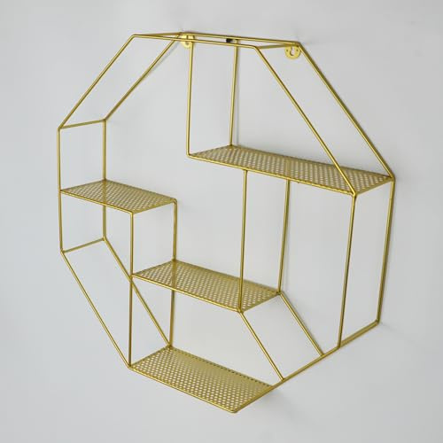 Hexagon Shelf Gold Round Tube Wall Floating Shelf Storage Decor