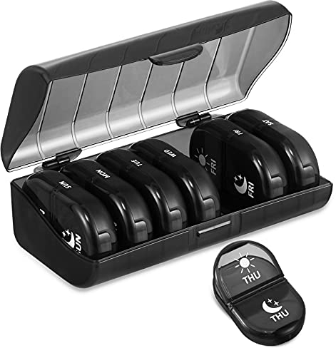 Fullicon Pill Box Organiser 2 Times A Day, Portable 7 Day Pill Boxes, Tablet Organiser with Large Compartments for Medicine, Medication, Vitamin and Fish Oil Supplements (Black)