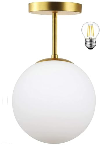 Mid Century Modern Globe Semi Flush Mount Ceiling Light Fixture Frosted Glass with Gold Brass Finish,1-Light Sphere Glass Pendant Lights for Aisle Porch Stairway Closet Kitchen Laundry Room(Bulb Incl)