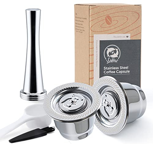 Capsules réutilisables, en acier inoxydable, 2 dosettes rechargeables pour Capsules machines + 1 tamper + 1 cuillère + 1 bross