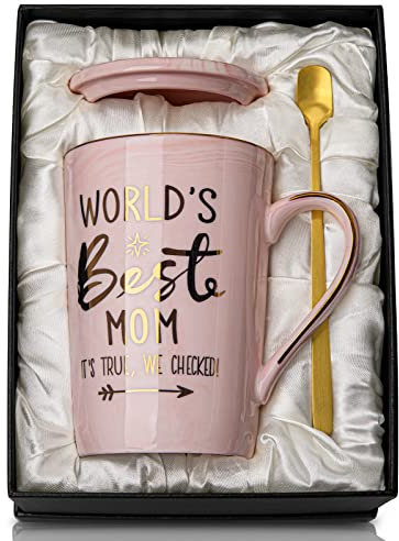 Mom Birthday Gifts from Daughter Son – World's Best Mom – Tasse humoristique imprimée en or, cadeaux pour maman, anniversaire, fête des mères, Noël, jolie boîte cadeau rose