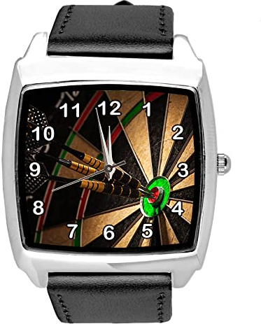 TAPORT Quadratische Armbanduhr aus schwarzem Leder für Dart-Fans, Schwarz , Riemen