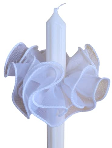 Kerzenrock mit Glanz Tropfenfänger Tropfschutz Taufe Kerzentuch aus Organza für Kerze 2-3 cm 4-7 cm 7-8 cm Kommunionkerze Taufkerze Konfirmation Kommunion weiß
