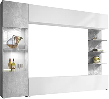 Wohnwand Lazando, Anbauwand, Mediawand, Schrankwand bestehend aus Hängeschrank, Vitrine, TV-Lowboard und Wandregal (Weiß/Beton, mit weißer LED Beleuchtung)