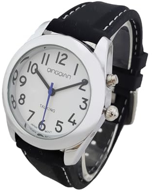 Englisch sprechende Armbanduhr Geeignet für Mittelalter und ältere Menschen und Sehbehinderte Menschen Silbernes Schale Schwarzes Uhrenarmband Neutraler Stil für Damen und Herren