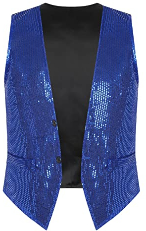Runhomal Herren Damen Pailletten Weste Glitzer ärmellos Jacke Anzugweste Party Oberteile Slim Fit Tank Top Tanzshirt Karneval Fasching Tanzkostüm Royal Blau XL