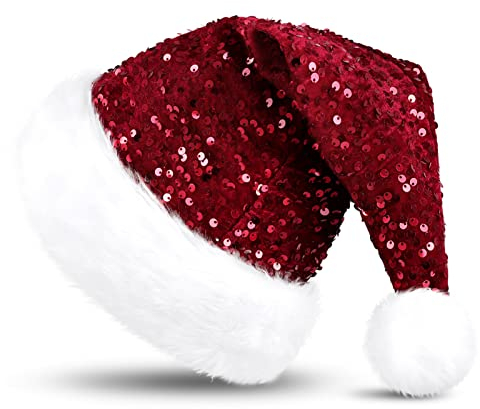 KONVINIT Weihnachtsmütze Erwachsene Nikolausmütze Weihnachtsmann Mütz mit Glitzer Pailletten und Plüsch Rand für Christbaumspitze Festliche Weihnachtsfeier Tannenbaum,rot