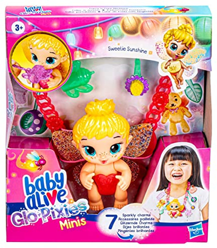 Baby Alive Glo Pixies Minis Carry 'n Care Necklace – F5845 – Puppe 10 cm + Zubehör mit Pailletten – Sweetie Sunshine