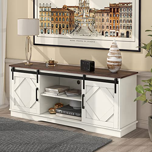 KecDuey TV-Schrank,TV Stand Sideboard Entertainment Center mit 2 klassischen Schiebetüren Einstellbare Regale für Wohnzimmer Esszimmer Landhaus Modernes Design 150 * 40 * 60cm (Weiß)