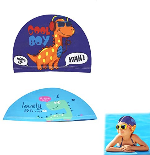2 Pezzi Cuffie da Nuoto per Bambini, Cuffia da Piscina,Cuffietta da Nuoto di Cartoon,Cappello da Nuotare,Cuffia da Bagno in Poliestere Elastico,Cuffia da Bagno Impermeabile,per Ragazzo di Età 1-8 Anni