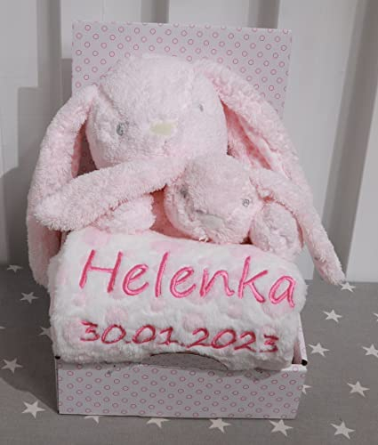 BotoBaby ★ Maxi Geschenk-Set Babydecke mit Namen und Datum Bestickt + Plüschtier + Schmusetuch ★ Geschenk ★Geburt ★ Taufe ★ (Set 01, 3-Teiliges Set)