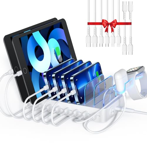 SooPii 8-Port USB-C Ladestation für mehrere Geräte, mit 1 PD 20W Port unterstützt schnelles Laden, 8pcs gemischte Ladekabel und 1pcs Upgraded Halterung für lWatch Ladegerät & Air-Pods, Weiß