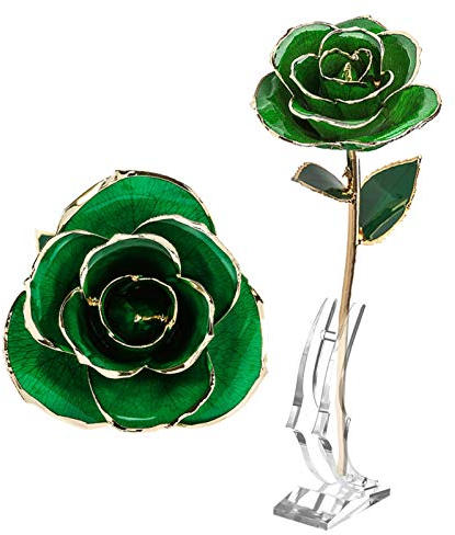 Grüne Rosen Smaragd Rose Metall Metall Forever Green Rose 24K Echte Künstliche Blume mit Blatt- und Basis-Handwerksdekorationen