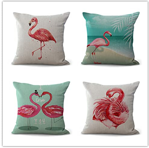 Kissenbezug 45x45 Tier Flamingo Kissenhülle 45x45 Sanft Baumwolle und Leinen Kissenbezug mit Reißverschluss Kissenbezüge Sofakissen Knitterfreie Starke Atmungsaktivität Couchkissen 4 Pcs