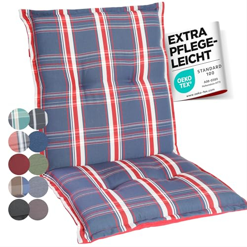 gardisun Gartenstuhlauflagen Niedriglehner I Extra Dicke Sitzauflagen I Made in Europe I Stuhlauflagen für Niederlehner Gartenstuhl I Auflagen mit extra hohem Komfort I 4er Set I Blau-Rot-Kariert