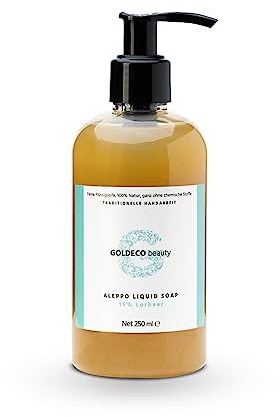 GOLDECO Aleppo Liquid Seife, 250 ml – 85% Olivenöl 15% Lorbeeröl, Original Aleppo Haarseife, Olivenölseife, Naturseife, traditionelle Handarbeit, Vegan … (1x250ml)