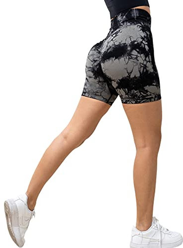 Xunerloy Scrunch Butt Sport Gym Shorts Damen Seamless Kurze Sporthose Leggins Radlerhose Kurz High Waist Blickdicht für Biker Yoga Fitness Tie Dye Schwarz L