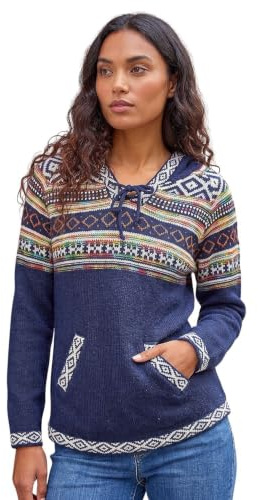Roman Women Jumper with Hood Ladies Winter Knitted Hoodie with Pockets Fairisle Nordic Aztec Print Hooded Sweater Knit Knitwear Autumn Flattering Casual Smart